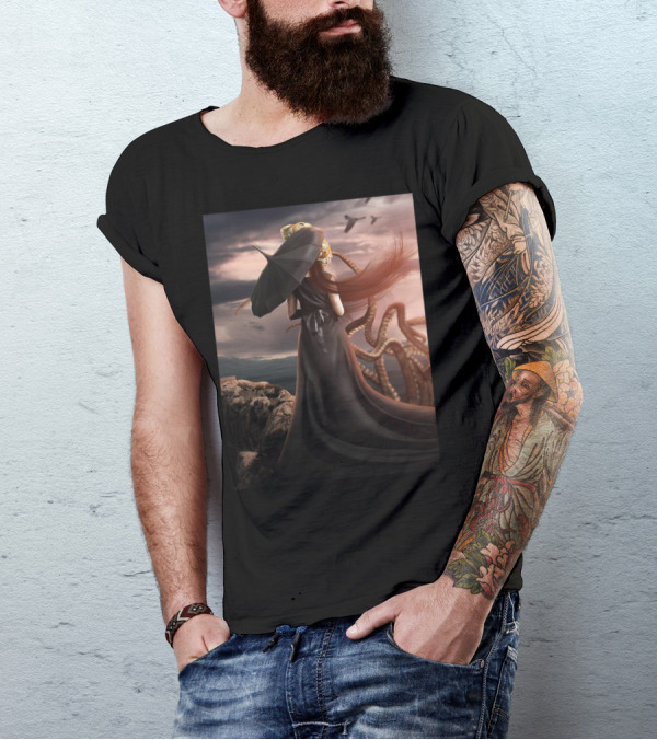Girl In Black With Octopus And Ocean风景 T-Shirt