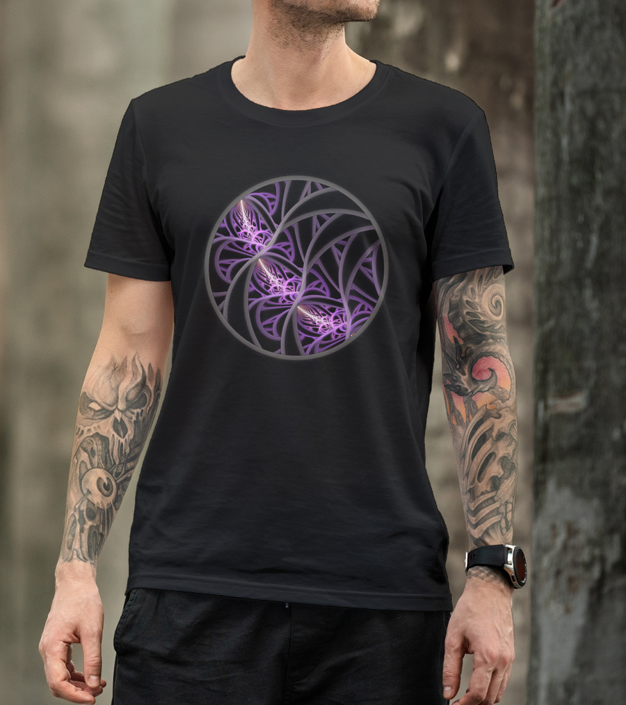 Entangled Fractal Spiral Fusion In Purple And Black T-Shirt