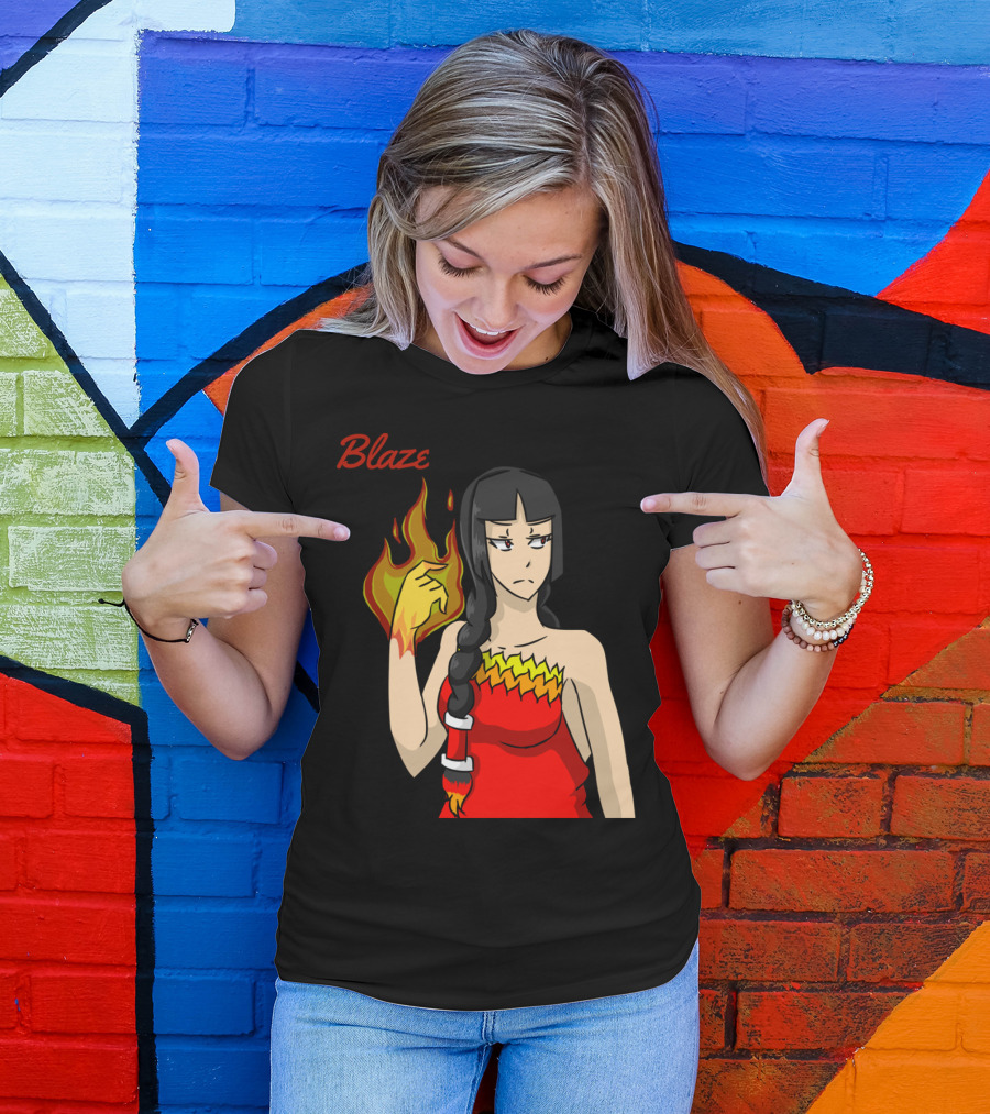 Blaze Flame-Wielding Character In Red Dress With Long Dark Braid T-Shirt