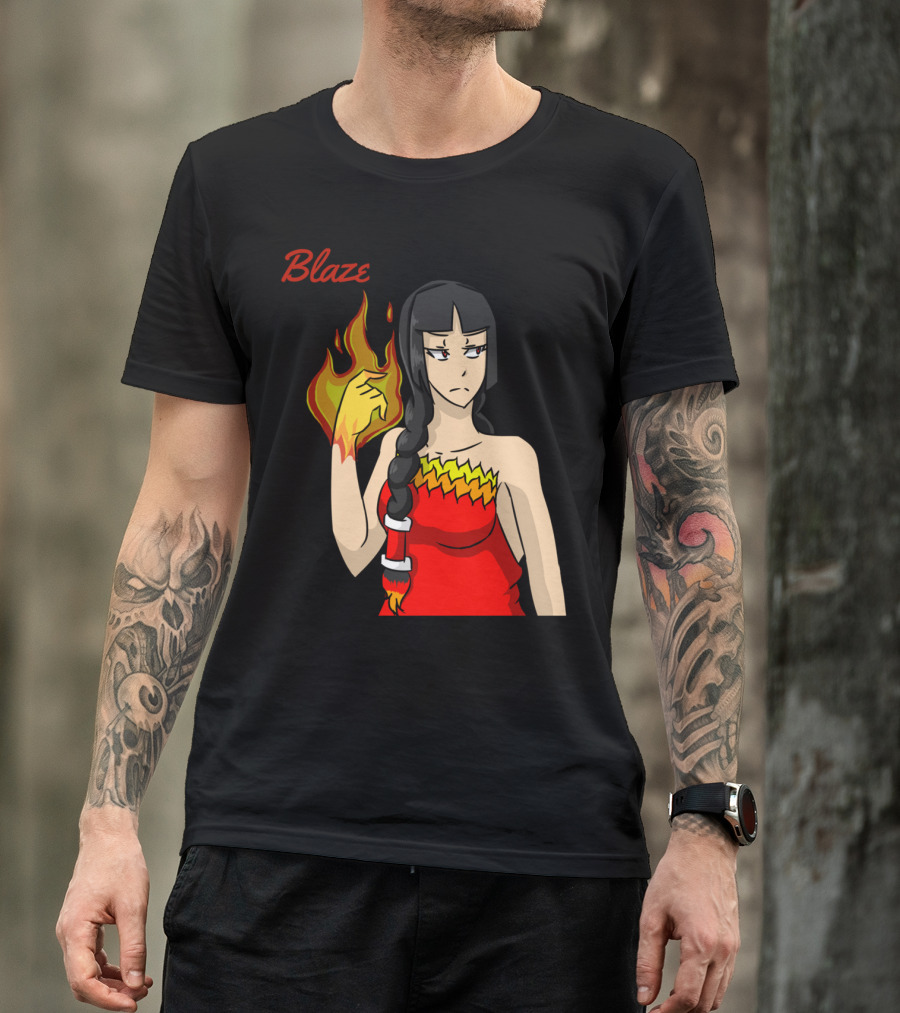 Blaze Flame-Wielding Character In Red Dress With Long Dark Braid T-Shirt