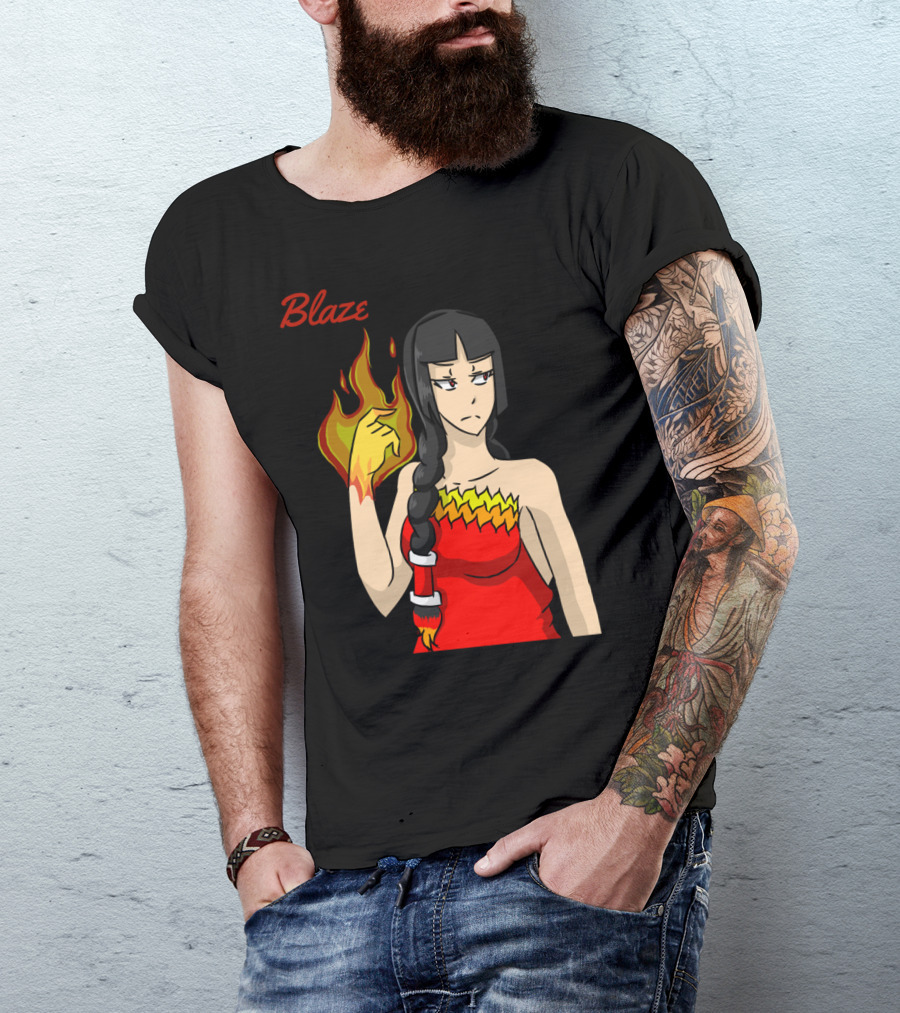 Blaze Flame-Wielding Character In Red Dress With Long Dark Braid T-Shirt