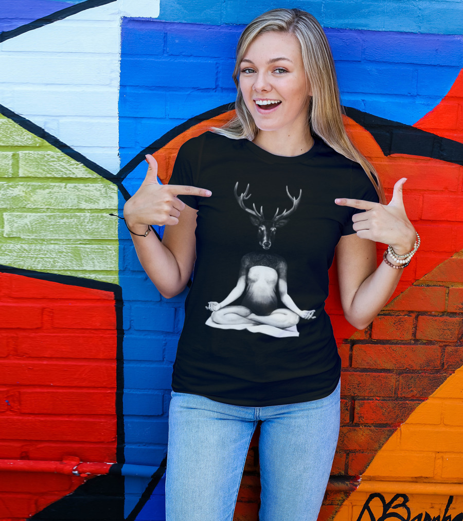 Deer Yoga Meditation Pose With Antlered Head And Tattooed Shoulders T-Shirt