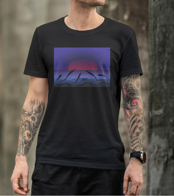 Sunset And Storm Ocean Silhouette With Purple And Red Sky T-Shirt