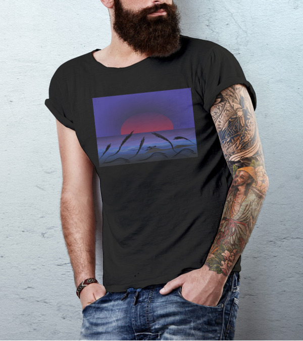 Sunset And Storm Ocean Silhouette With Purple And Red Sky T-Shirt