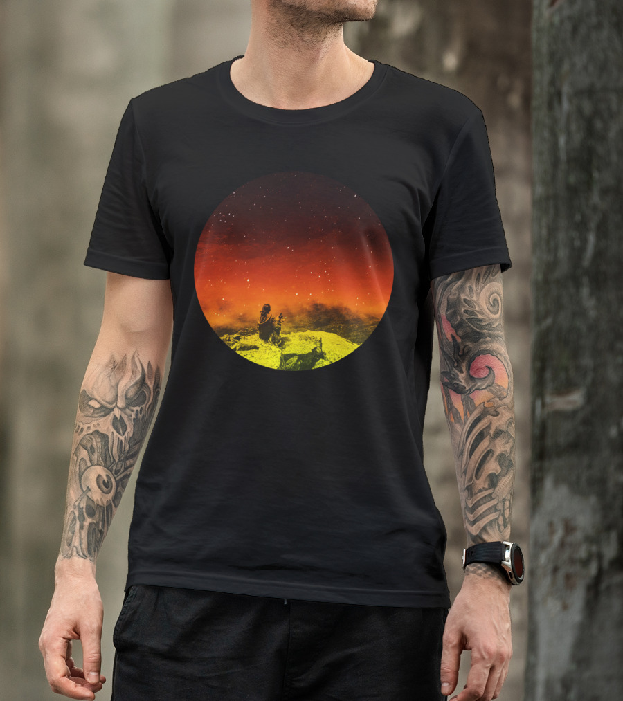 Burning Hill Starry Night Seated Figure And Dog On Vibrant Landscape T-Shirt
