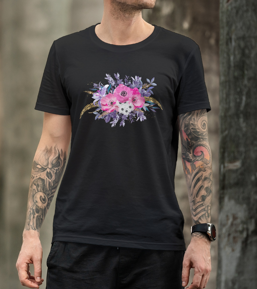 Romantic Gold And Purple Floral Arrangement With Pink Poppies And White Daisies T-Shirt
