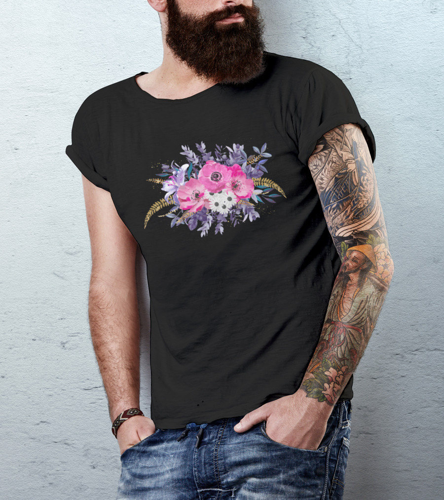 Romantic Gold And Purple Floral Arrangement With Pink Poppies And White Daisies T-Shirt