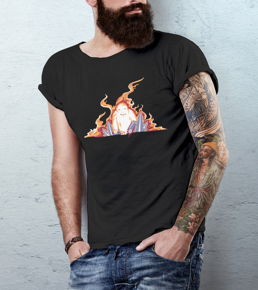 Burning Metal Forest White Creature Among Flaming Trees And Blades T-Shirt