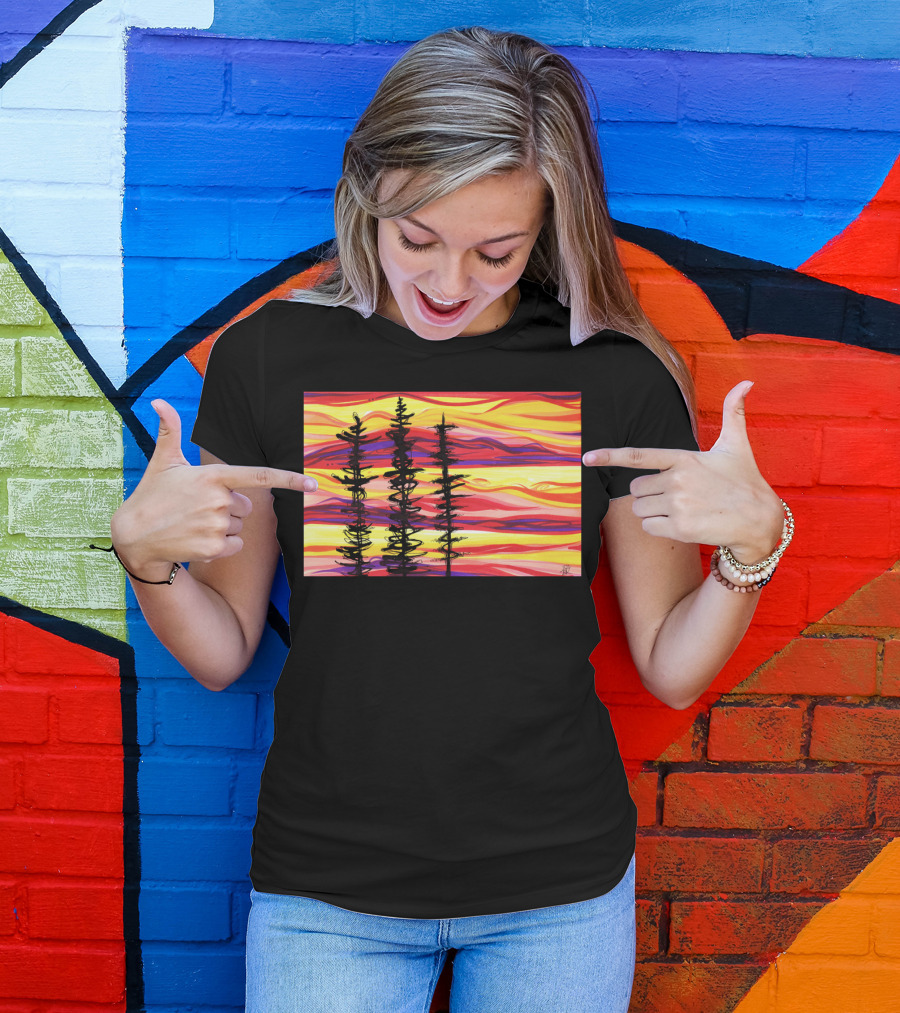 Burning Sky Three Silhouetted Trees Against A Vibrant Sunset Background T-Shirt