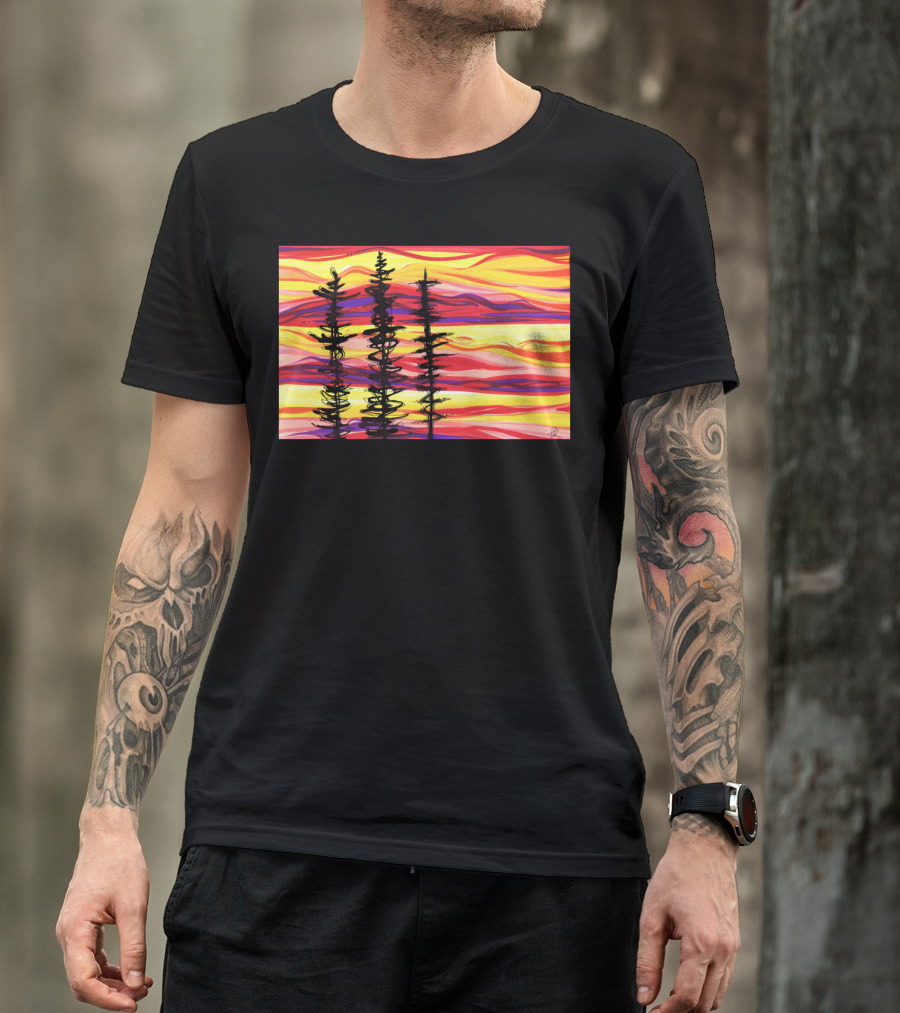 Burning Sky Three Silhouetted Trees Against A Vibrant Sunset Background T-Shirt