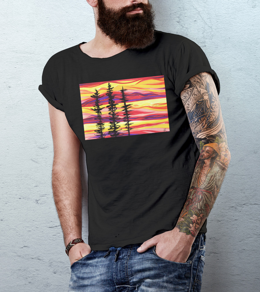 Burning Sky Three Silhouetted Trees Against A Vibrant Sunset Background T-Shirt