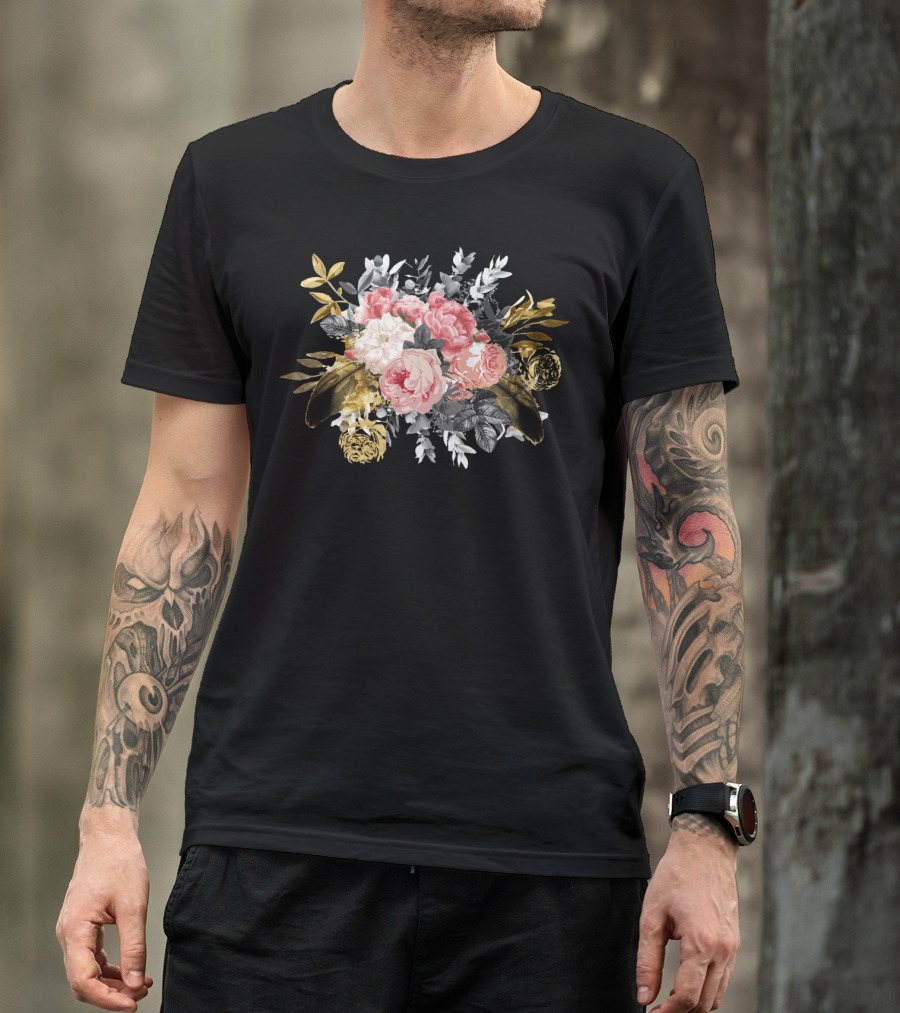 Romantic Vintage Roses And Geometric Foliage Bouquet T-Shirt