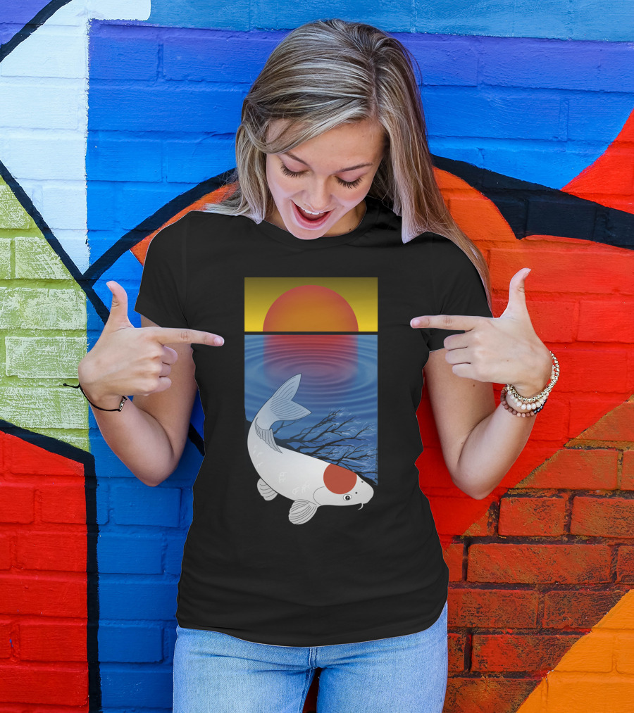 Tranquil Sunset Meditation With Koi Fish And Reflective Water Scene T-Shirt