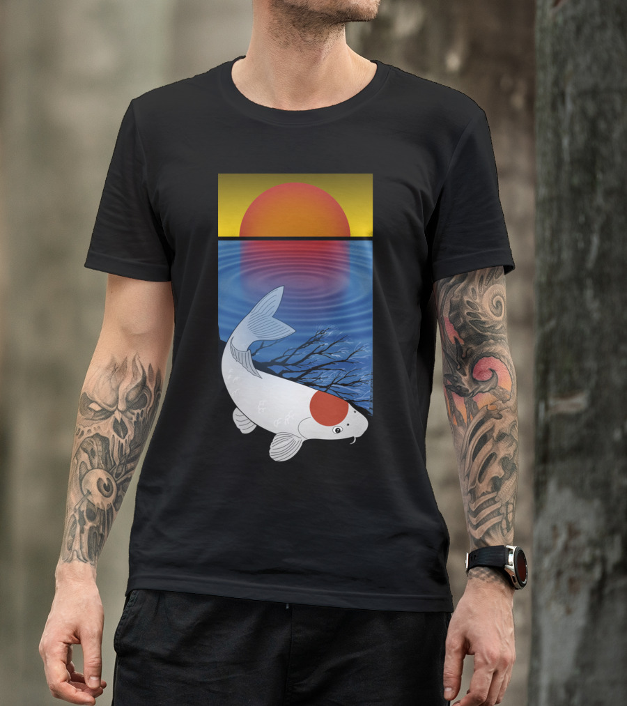 Tranquil Sunset Meditation With Koi Fish And Reflective Water Scene T-Shirt