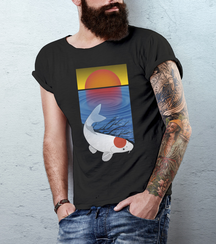 Tranquil Sunset Meditation With Koi Fish And Reflective Water Scene T-Shirt