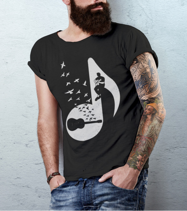Musical Note Acoustic Guitar With Birds And Guitarist T-Shirt