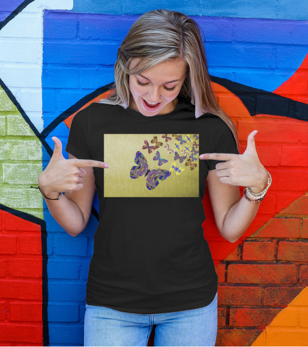 Flight Of The Colorful Butterflies Fluttering On Textured Green Background T-Shirt