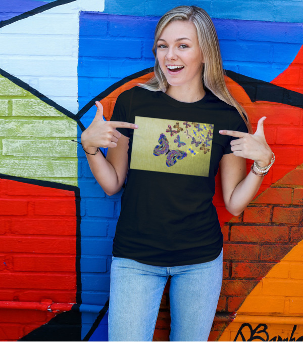 Flight Of The Colorful Butterflies Fluttering On Textured Green Background T-Shirt
