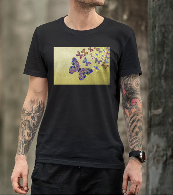 Flight Of The Colorful Butterflies Fluttering On Textured Green Background T-Shirt