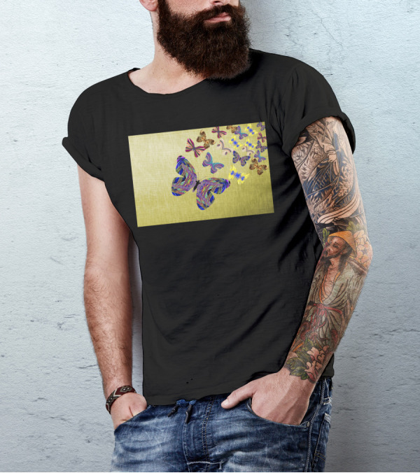 Flight Of The Colorful Butterflies Fluttering On Textured Green Background T-Shirt