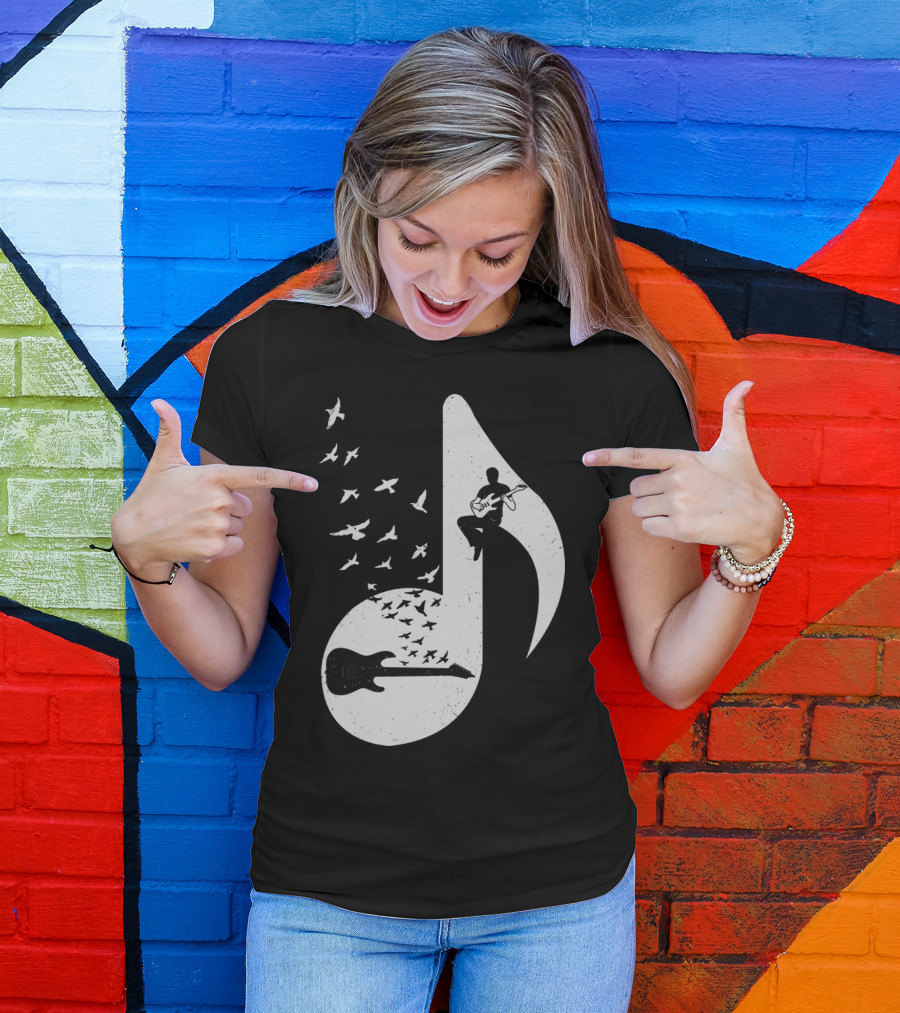 Electric Guitar Note With Birds Silhouette Music T-Shirt