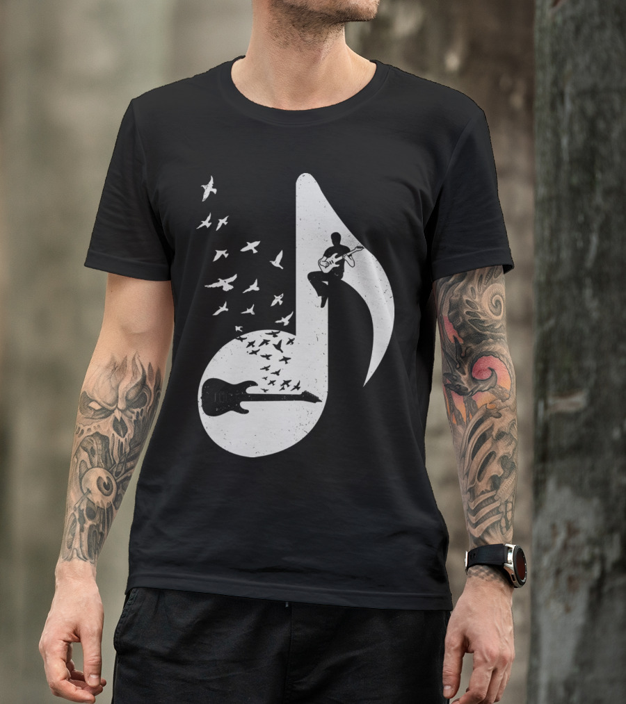 Electric Guitar Note With Birds Silhouette Music T-Shirt