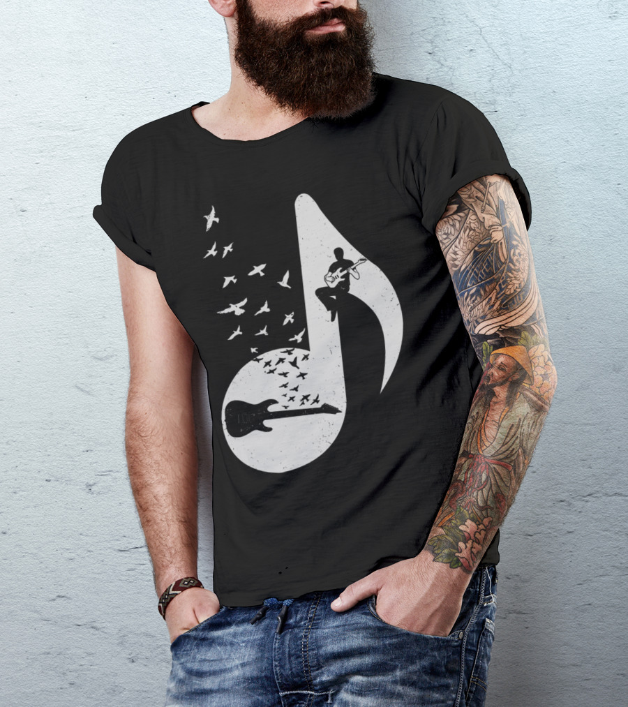 Electric Guitar Note With Birds Silhouette Music T-Shirt