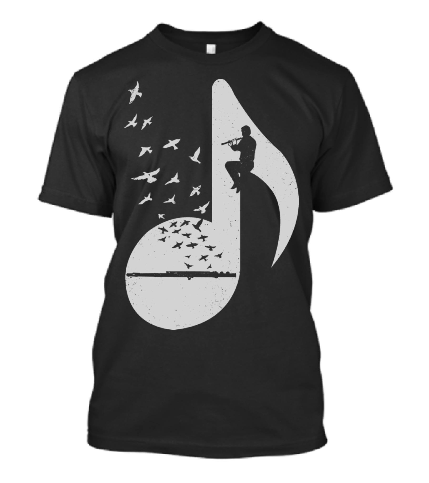 Musical Note Flute Silhouette With Flying Birds T-Shirt
