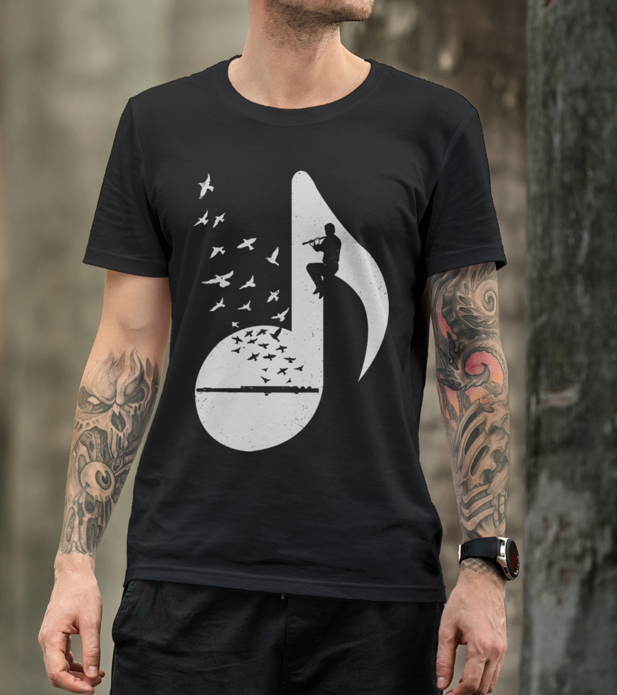 Musical Note Flute Silhouette With Flying Birds T-Shirt