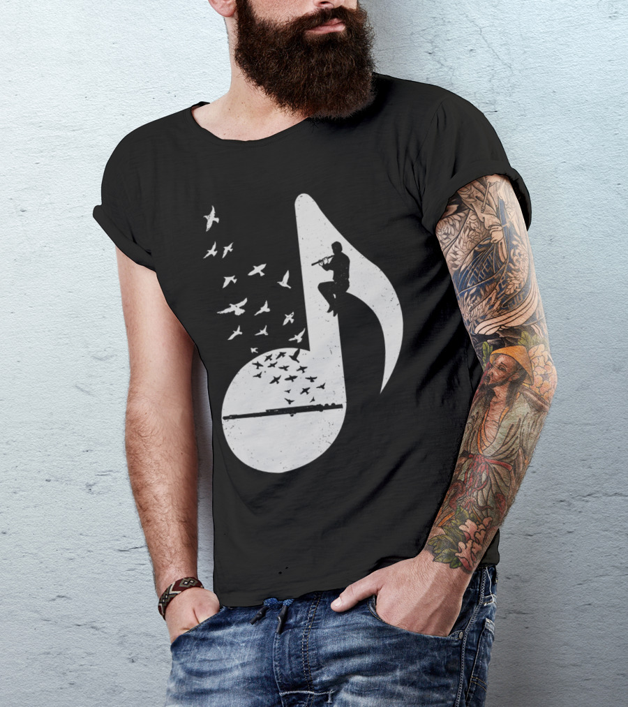 Musical Note Flute Silhouette With Flying Birds T-Shirt