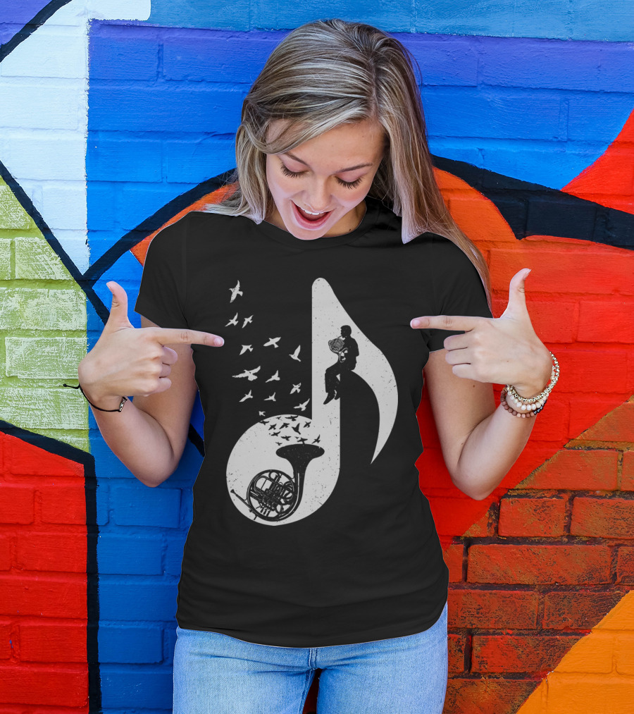 Musical Note French Horn Silhouette With Birds T-Shirt