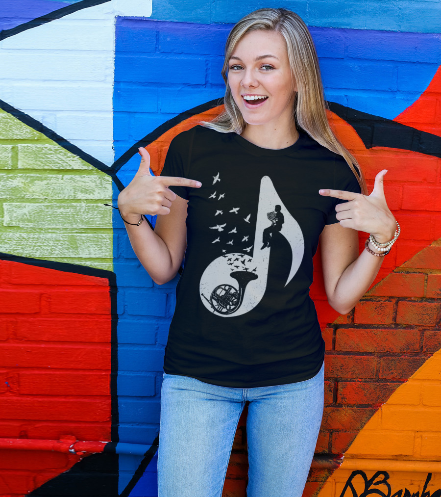 Musical Note French Horn Silhouette With Birds T-Shirt