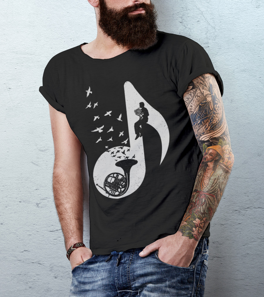 Musical Note French Horn Silhouette With Birds T-Shirt