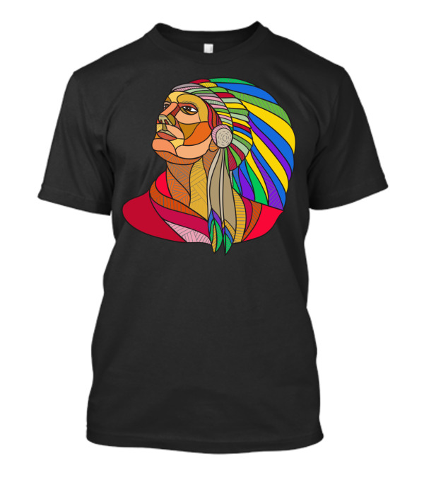 Native American Indian Chief Headdress Rainbow Patchwork T-Shirt