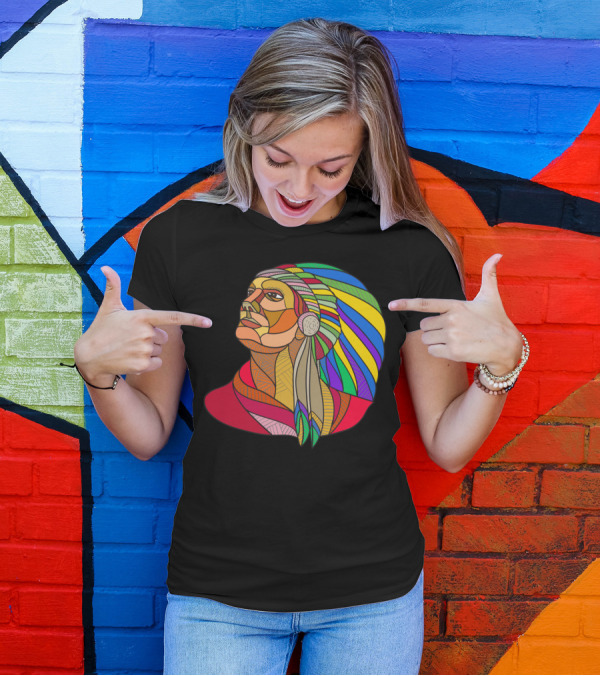 Native American Indian Chief Headdress Rainbow Patchwork T-Shirt