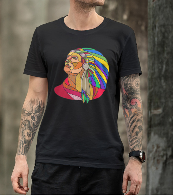 Native American Indian Chief Headdress Rainbow Patchwork T-Shirt