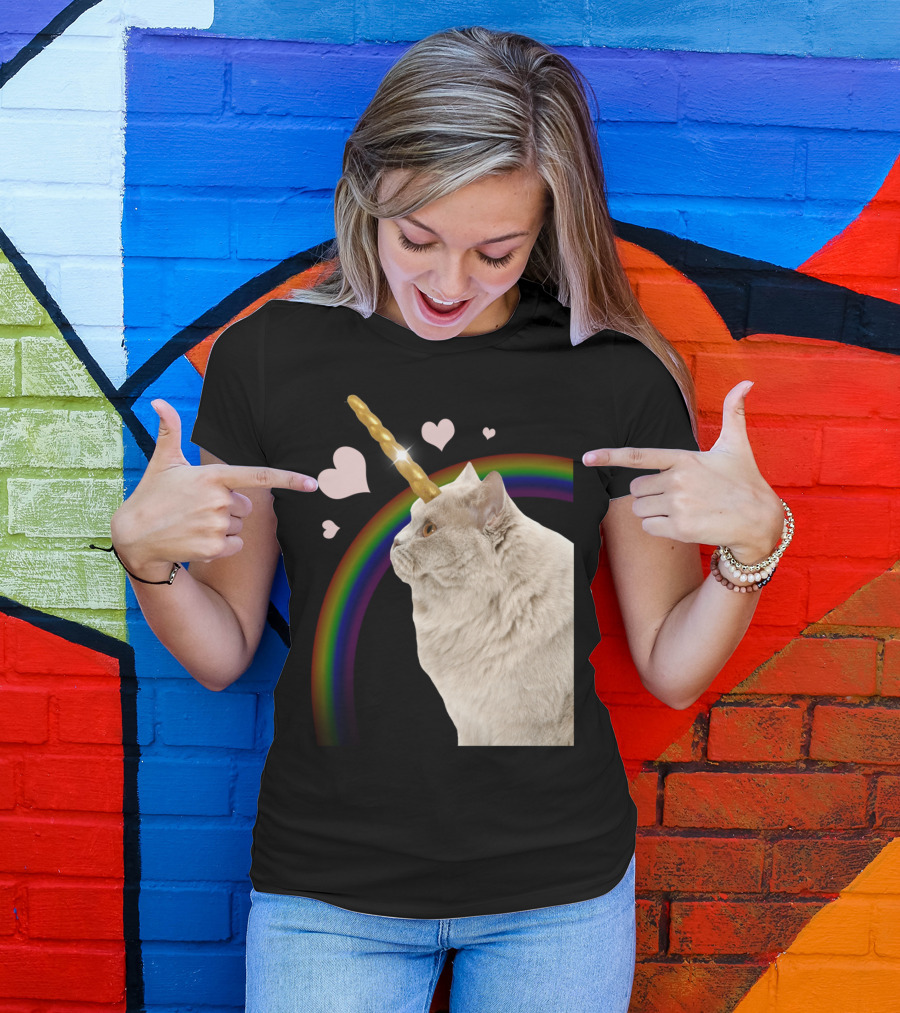 Unicorn Cat With Rainbow And Hearts T-Shirt