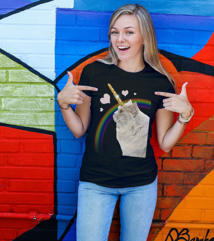 Unicorn Cat With Rainbow And Hearts T-Shirt