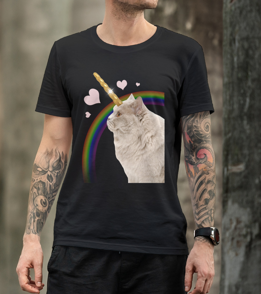 Unicorn Cat With Rainbow And Hearts T-Shirt