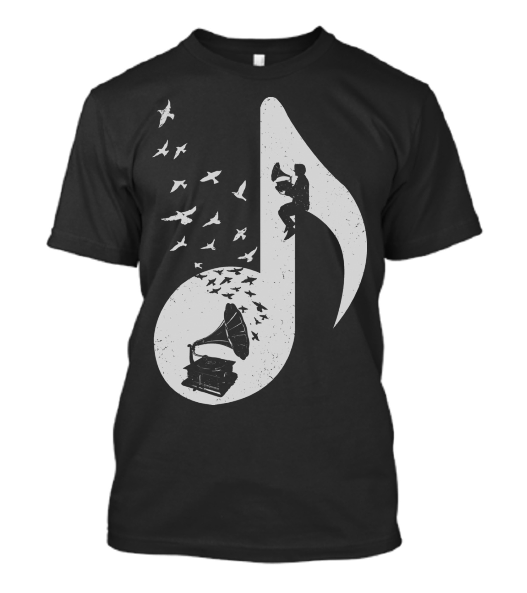 Musical Note Gramophone With Birds And Musician T-Shirt