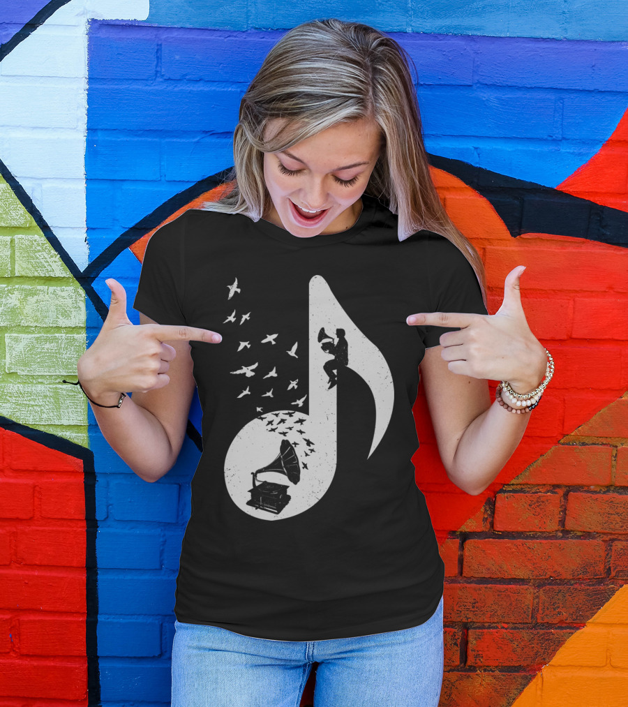Musical Note Gramophone With Birds And Musician T-Shirt