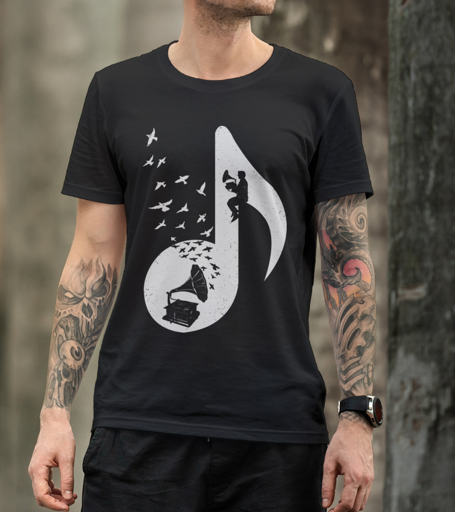 Musical Note Gramophone With Birds And Musician T-Shirt