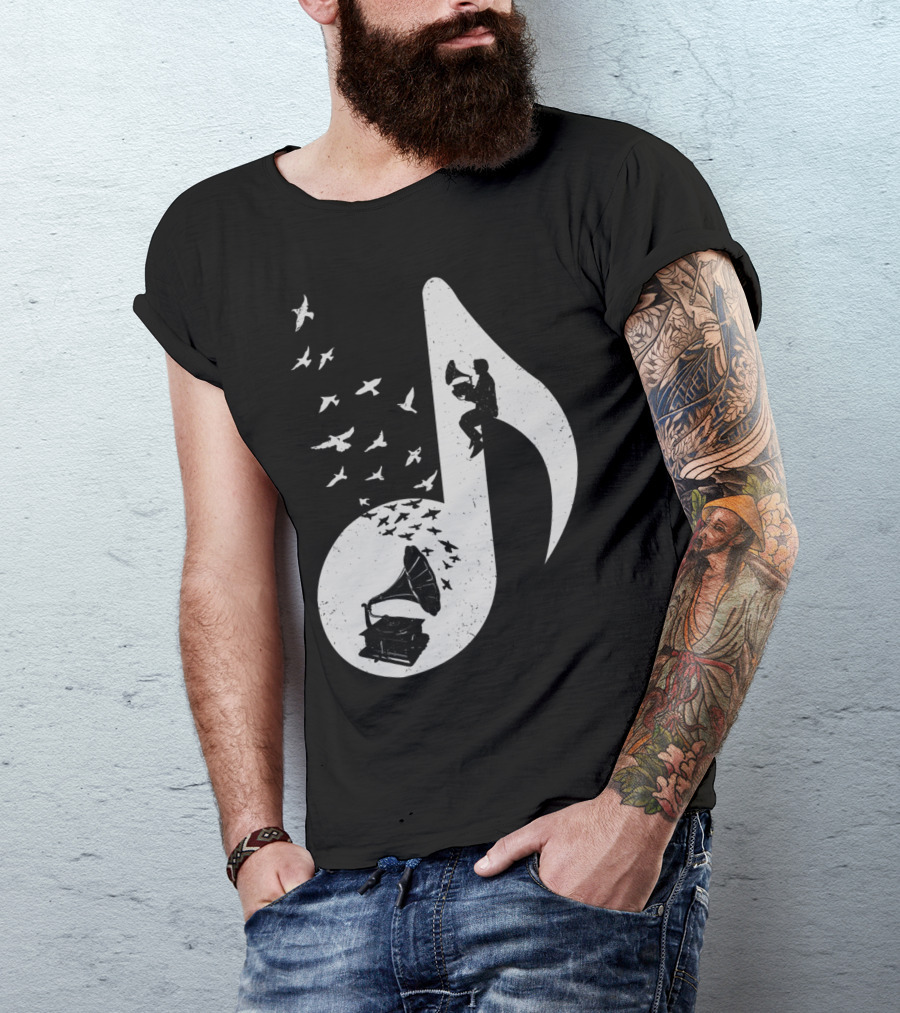 Musical Note Gramophone With Birds And Musician T-Shirt
