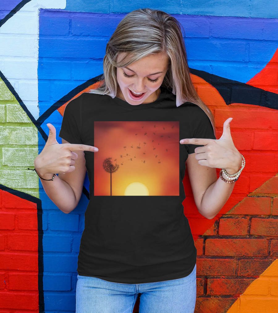 Sunset Seed Escape Dandelion Silhouette Against Orange Sky T-Shirt