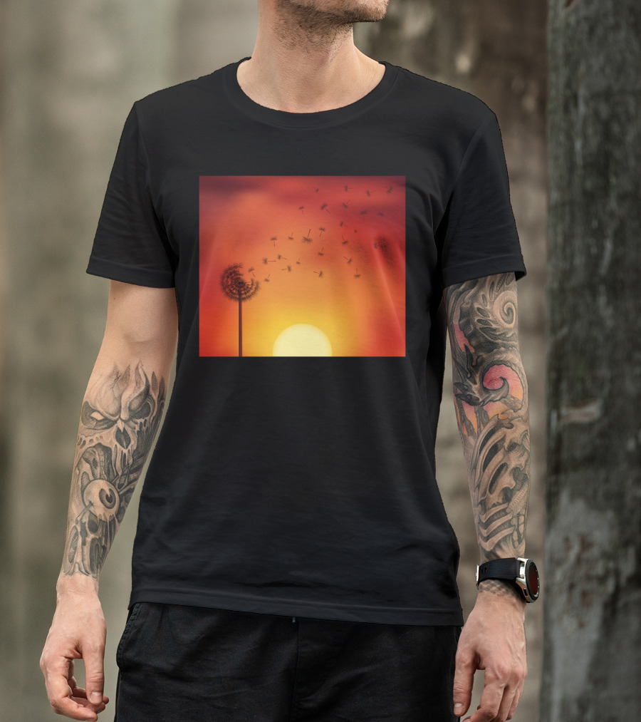 Sunset Seed Escape Dandelion Silhouette Against Orange Sky T-Shirt