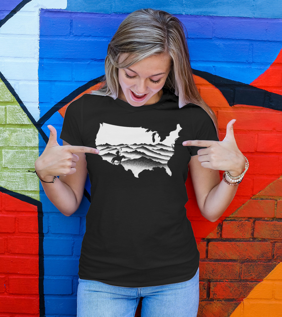 Native American Warrior On Horseback In Mountainous USA Map T-Shirt