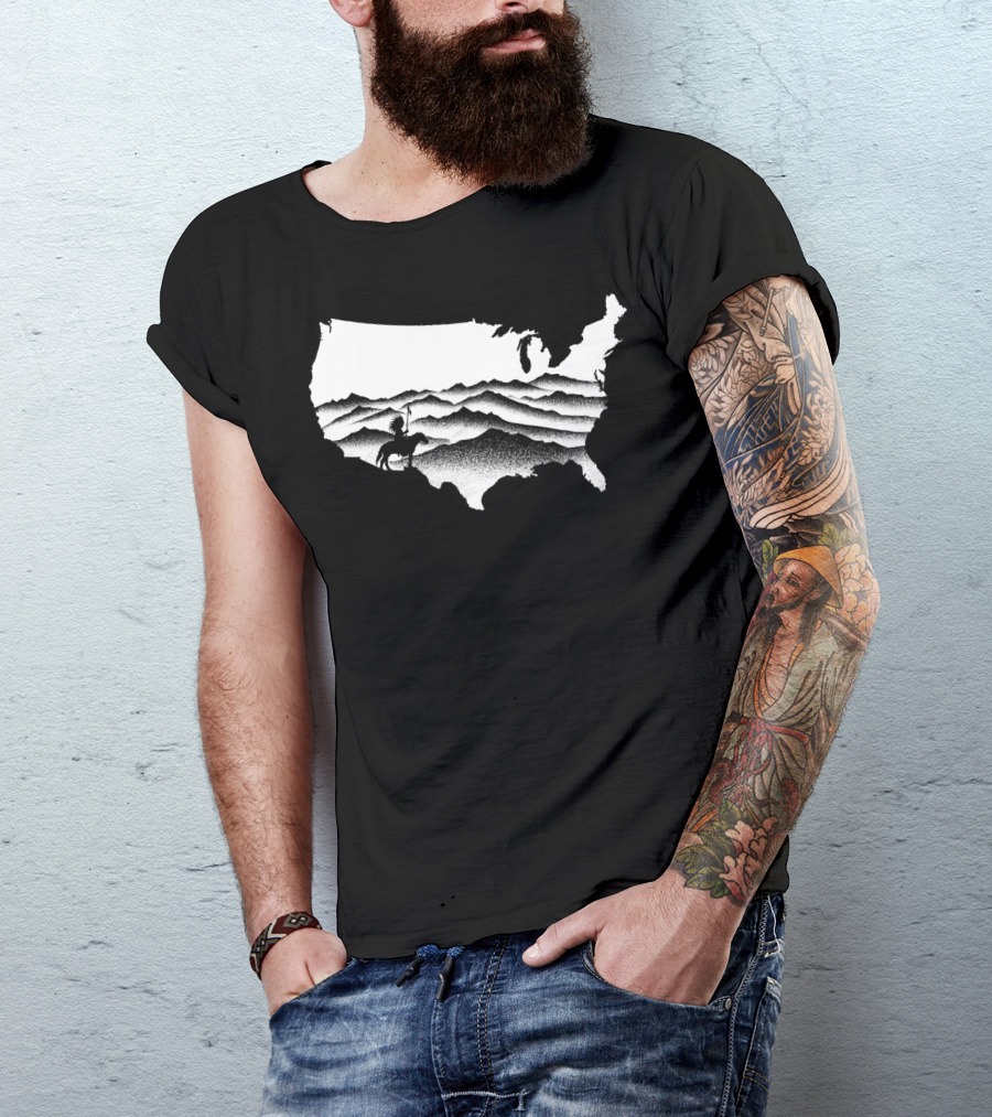 Native American Warrior On Horseback In Mountainous USA Map T-Shirt
