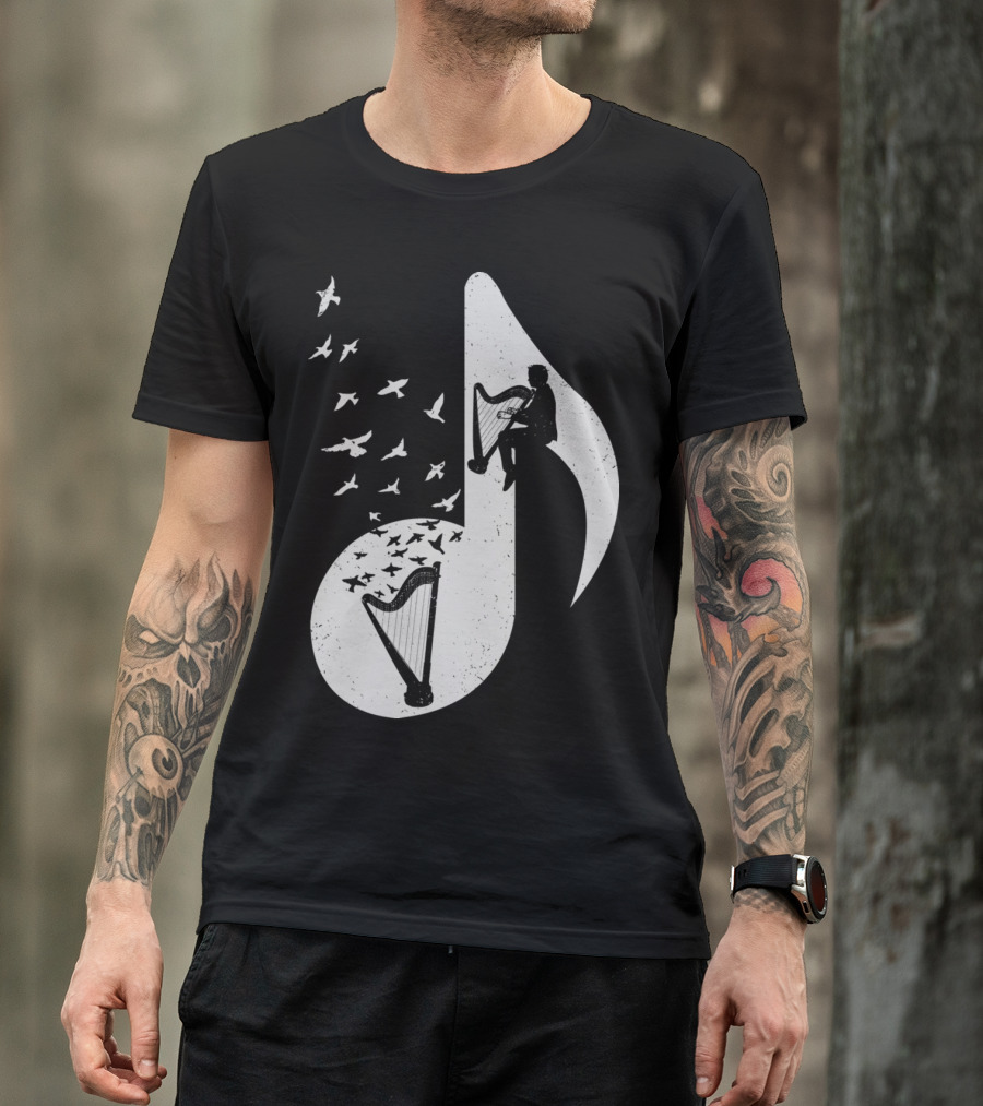 Silhouette Harp Musical Note With Birds T-Shirt