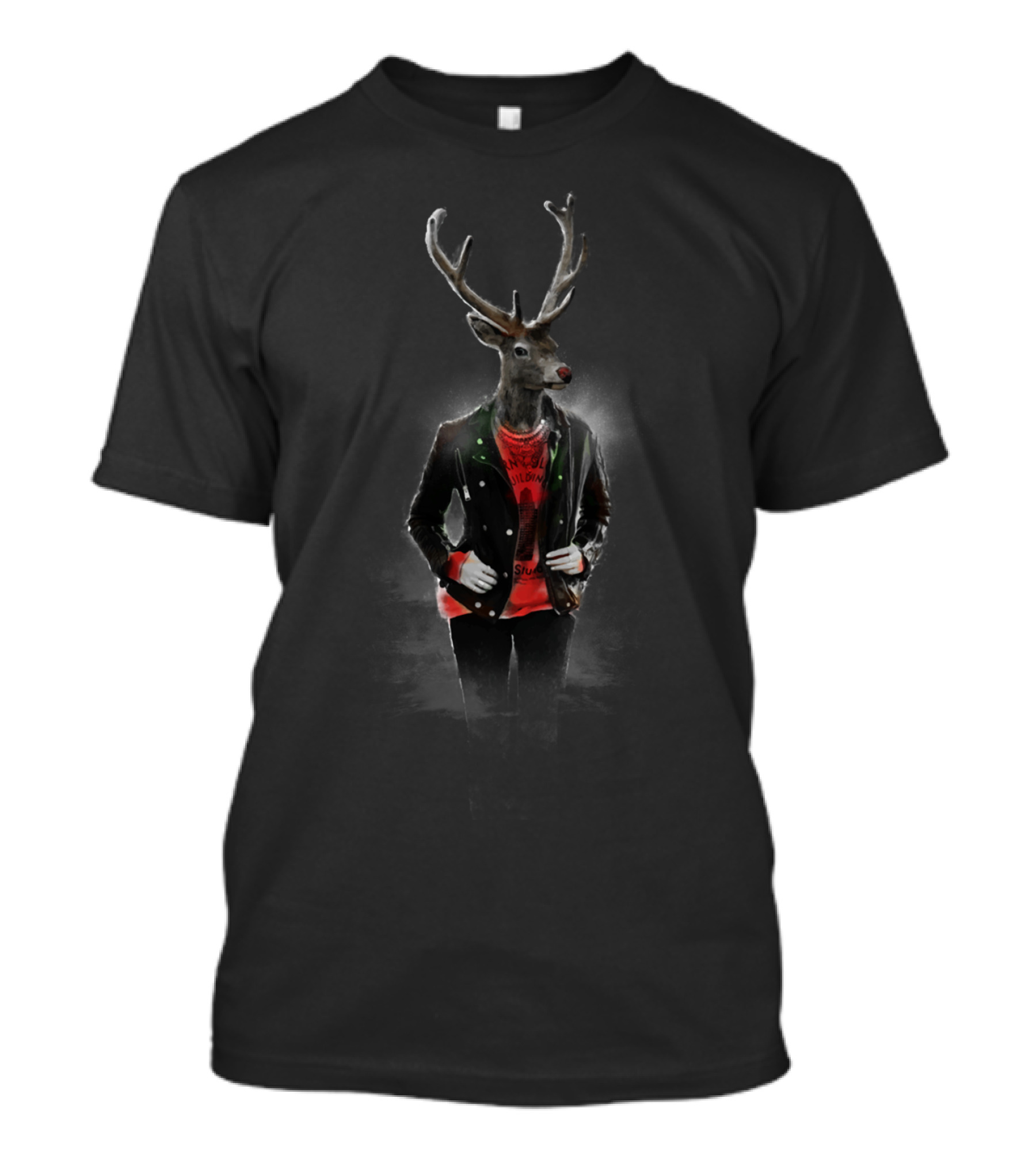 Blizzard Deer Wearing Leather Jacket And Red T-Shirt