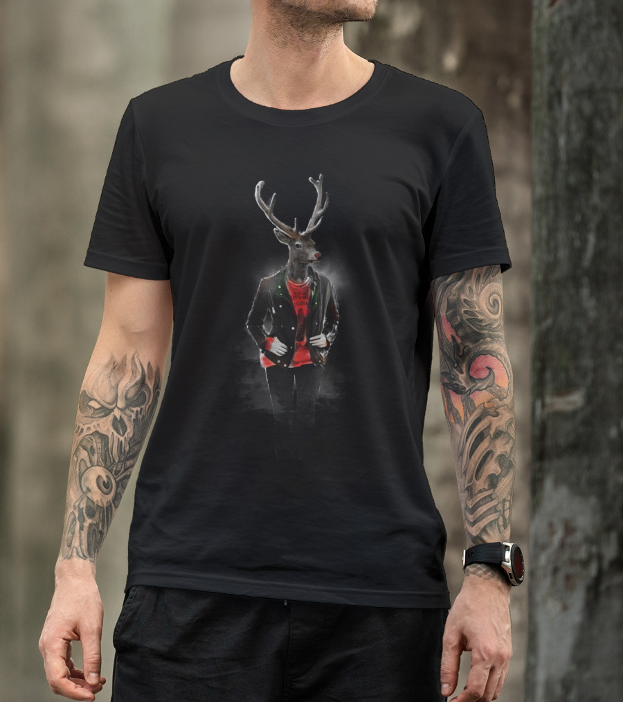 Blizzard Deer Wearing Leather Jacket And Red T-Shirt